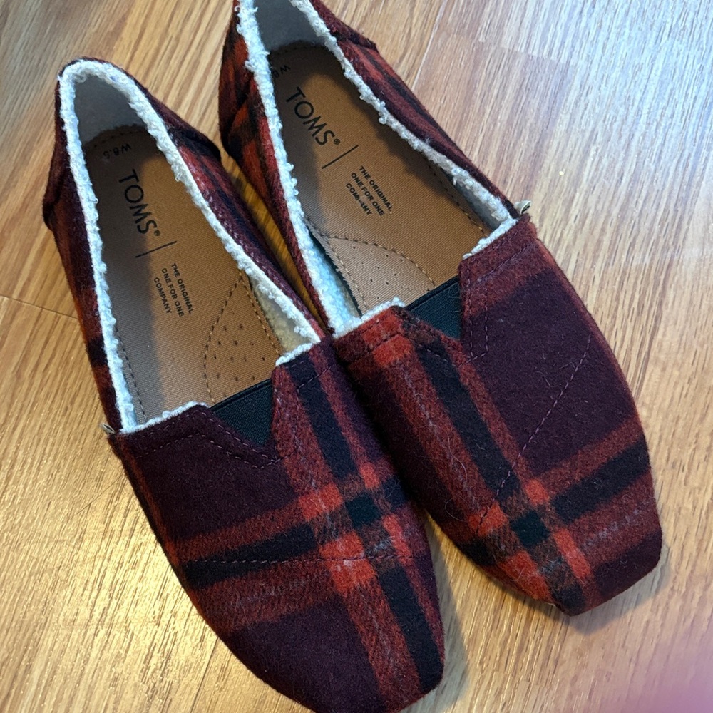 TOMS Alpargata Belmont Plaid Slio Ons Sz 8.5 Wool Blend Sherpa